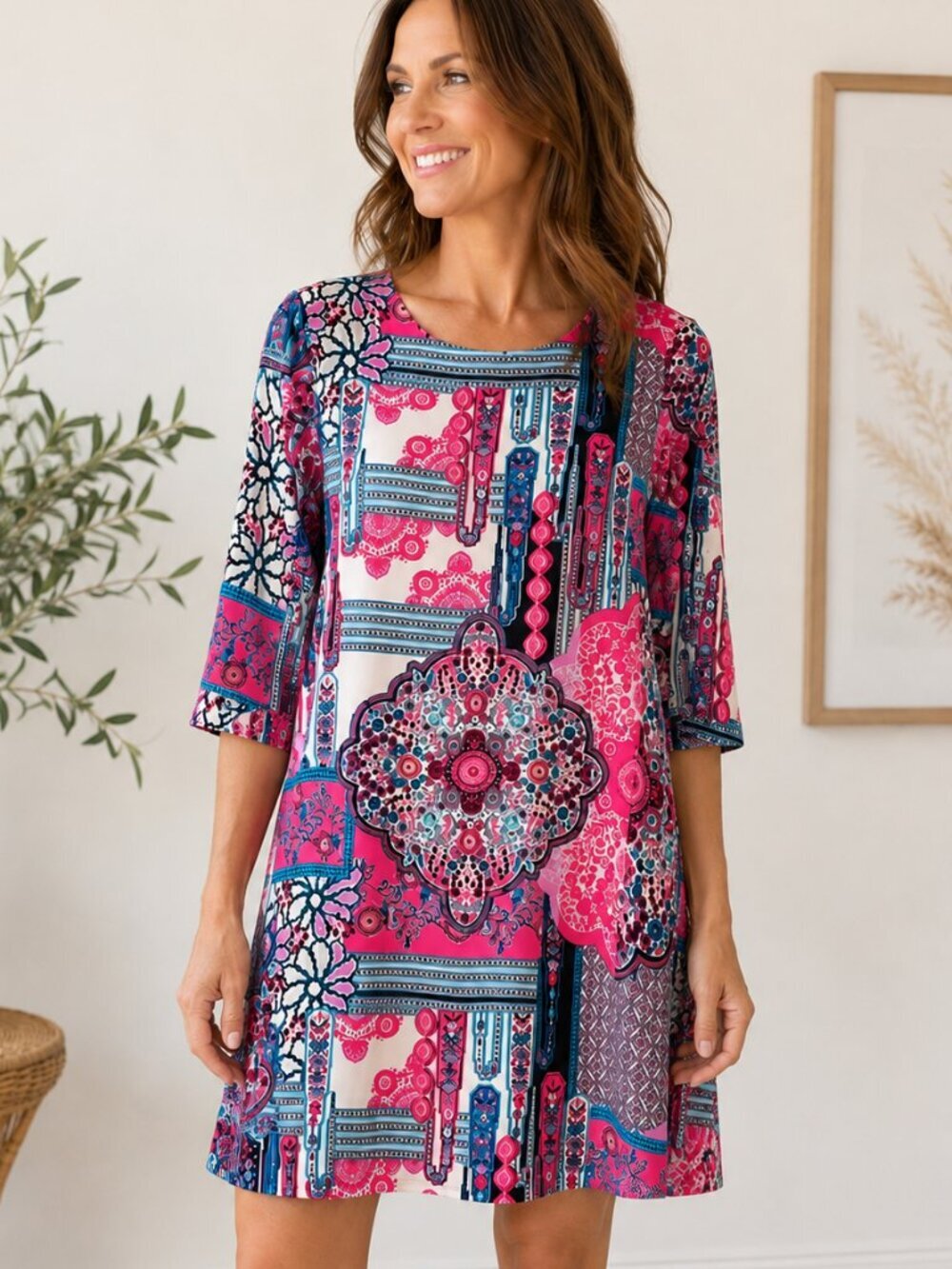 Everly Pink Floral Bohemian Tunic Dress women's size Medium
